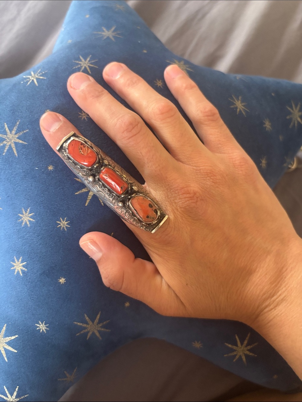 Sterling Silver Coral Three-Stone Ring